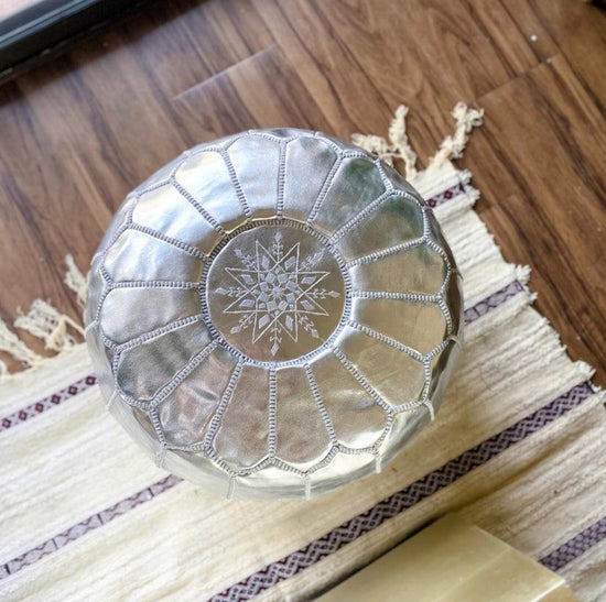 Silver Moroccan Leather Pouf – Boho Ottoman - ECOMOROCCO