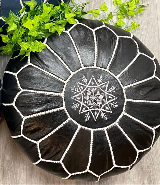 Moroccan Leather Pouf Ottoman - Handmade Black & Signed - ECOMOROCCO