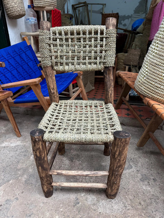 Handmade Moroccan Wooden Chair – Boho Rustic Palm Leaf Woven Seat - ECOMOROCCO