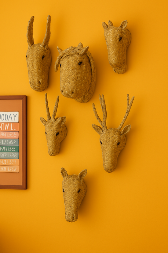 Animal Head Straw Trophies – Set of 3 | Handmade Boho Wall Décor