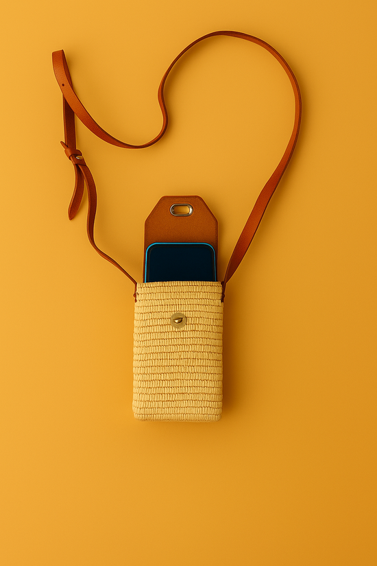 Raffia Crossbody Phone Bag  Handmade with Leather Strap
