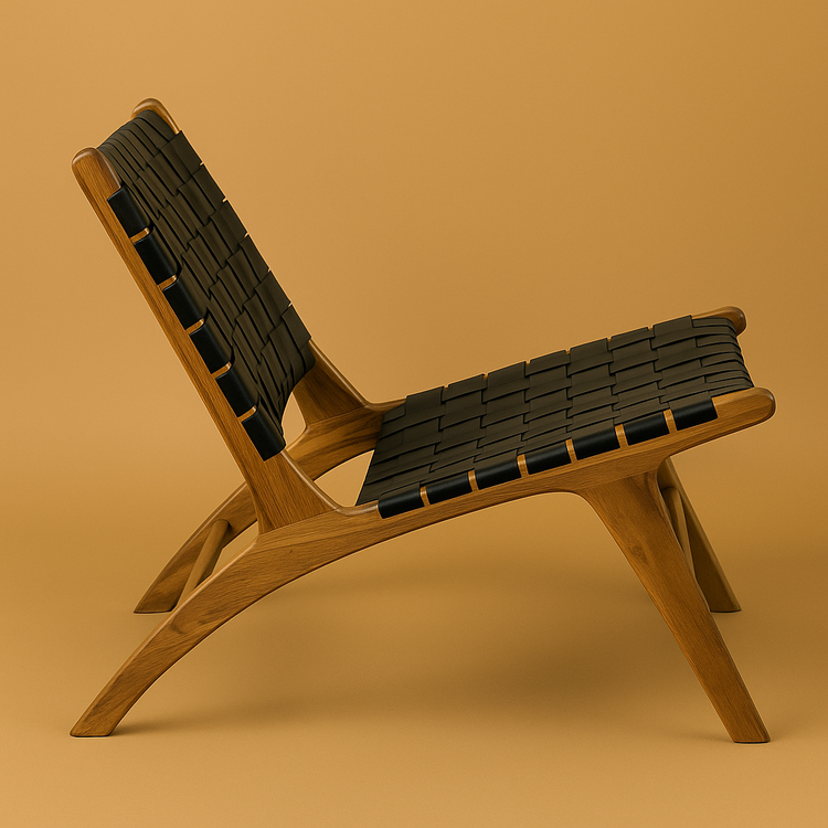 Custom handmade Moroccan wooden armchair with woven leather seat.