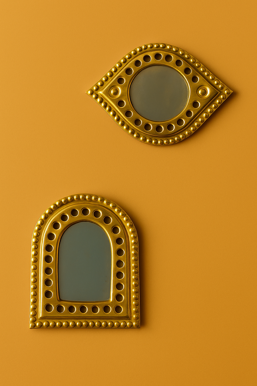 Set of small decorative brass mirrors handcrafted for beautiful home decor, wall decor and room embellishment..