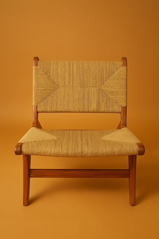Moroccan Wooden Chair – Handwoven Straw Seat Accent