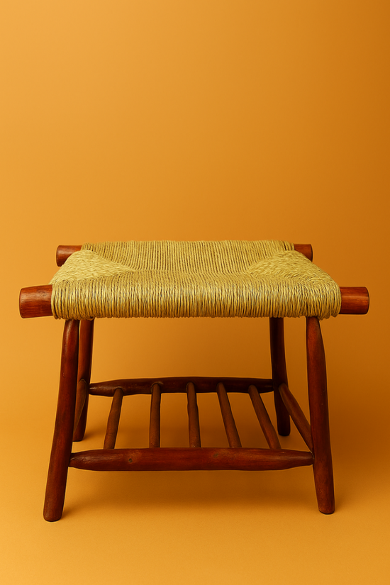 Elegant Moroccan bench featuring intricate palm leaf weaving showcasing traditional craftsmanship and design.