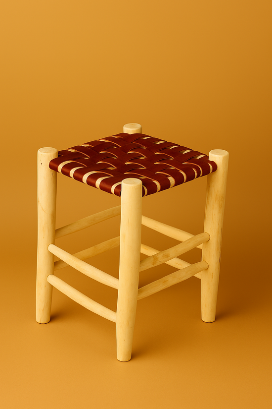 Handmade Moroccan Wooden Stool – Woven Footstool with Natural Patterns