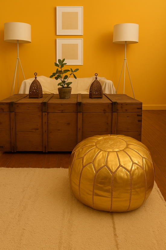 Gold Moroccan Leather Pouf – Handmade Boho Ottoman
