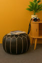 Moroccan Leather Pouf Ottoman - Handmade Black & Signed