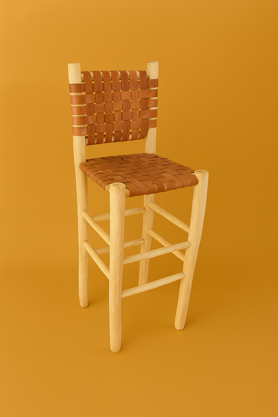 Moroccan Leather Bar Stool – Handcrafted with Backrest