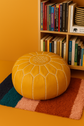 Handmade Moroccan Leather Pouf - Large Round Embroidered Ottoman, Beige Bohemian Floor Cushion, Genuine Leather Footstool.