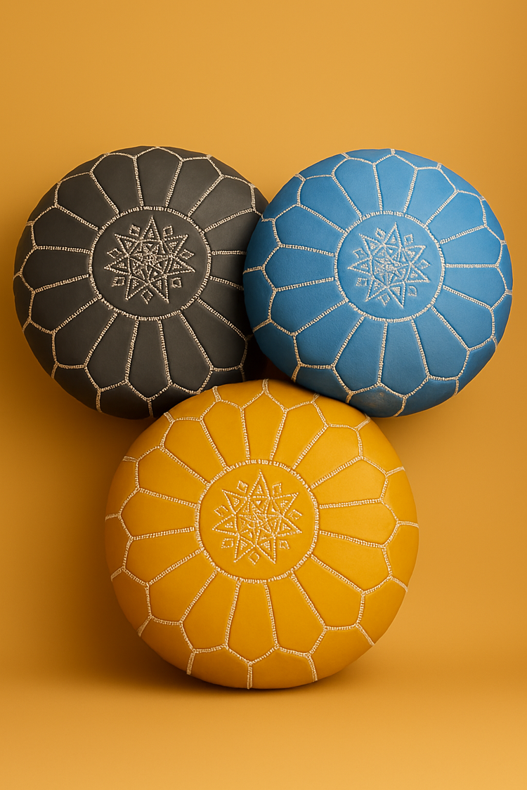 Handmade Moroccan Leather Pouf - Large Round Embroidered Ottoman, Beige Bohemian Floor Cushion, Genuine Leather Footstool.