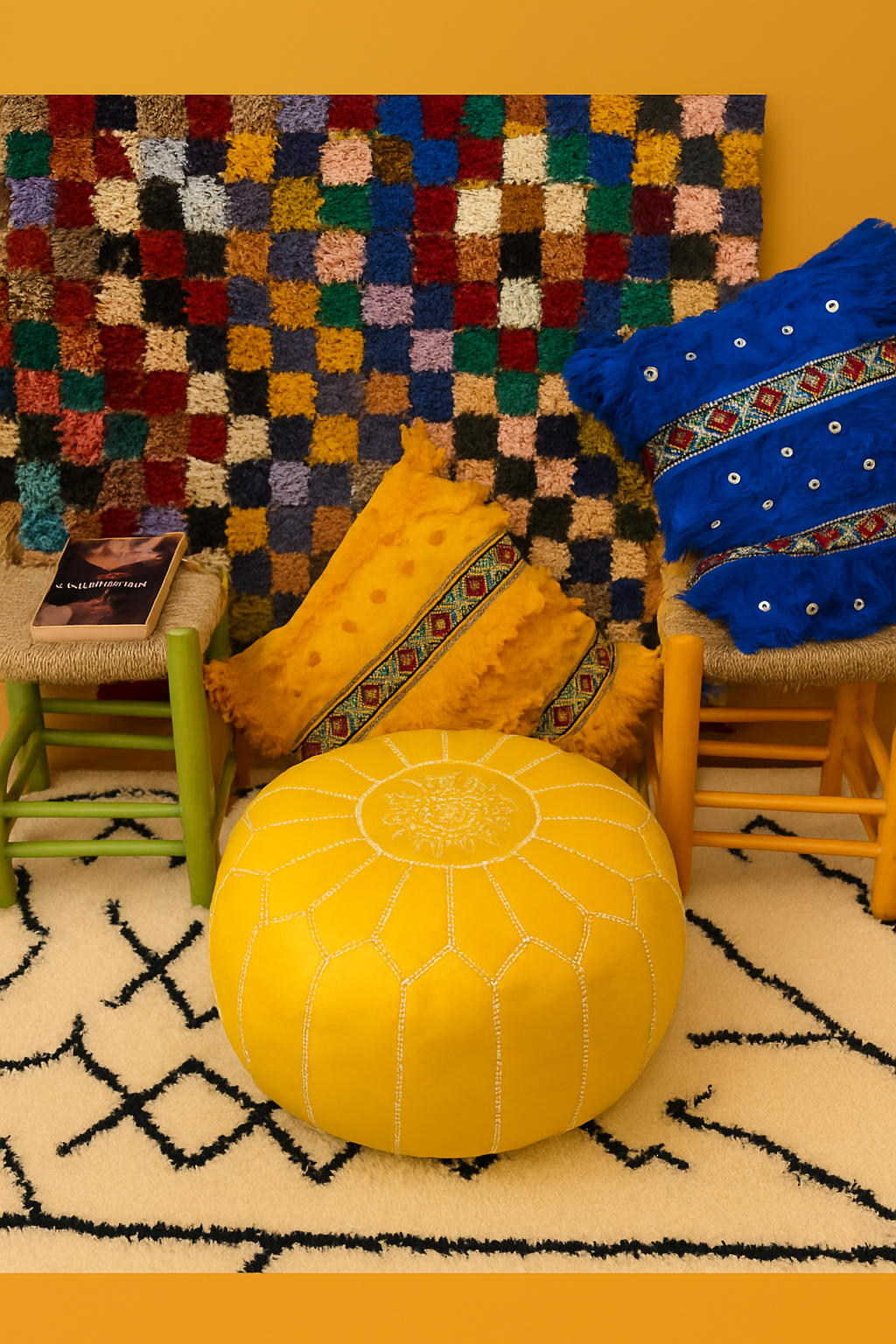 Handmade Moroccan Leather Pouf - Large Round Embroidered Ottoman, Beige Bohemian Floor Cushion, Genuine Leather Footstool.