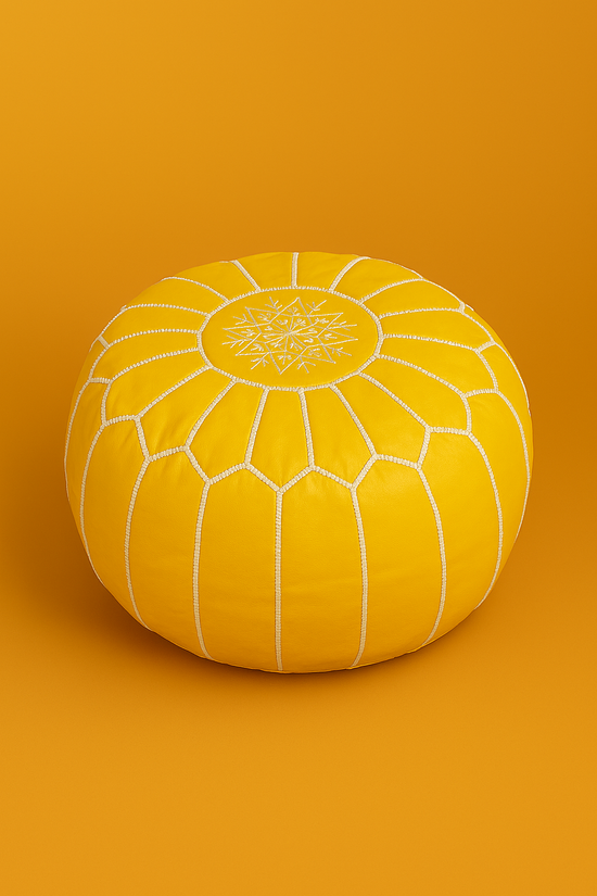 Handmade Moroccan Leather Pouf - Large Round Embroidered Ottoman, Beige Bohemian Floor Cushion, Genuine Leather Footstool.