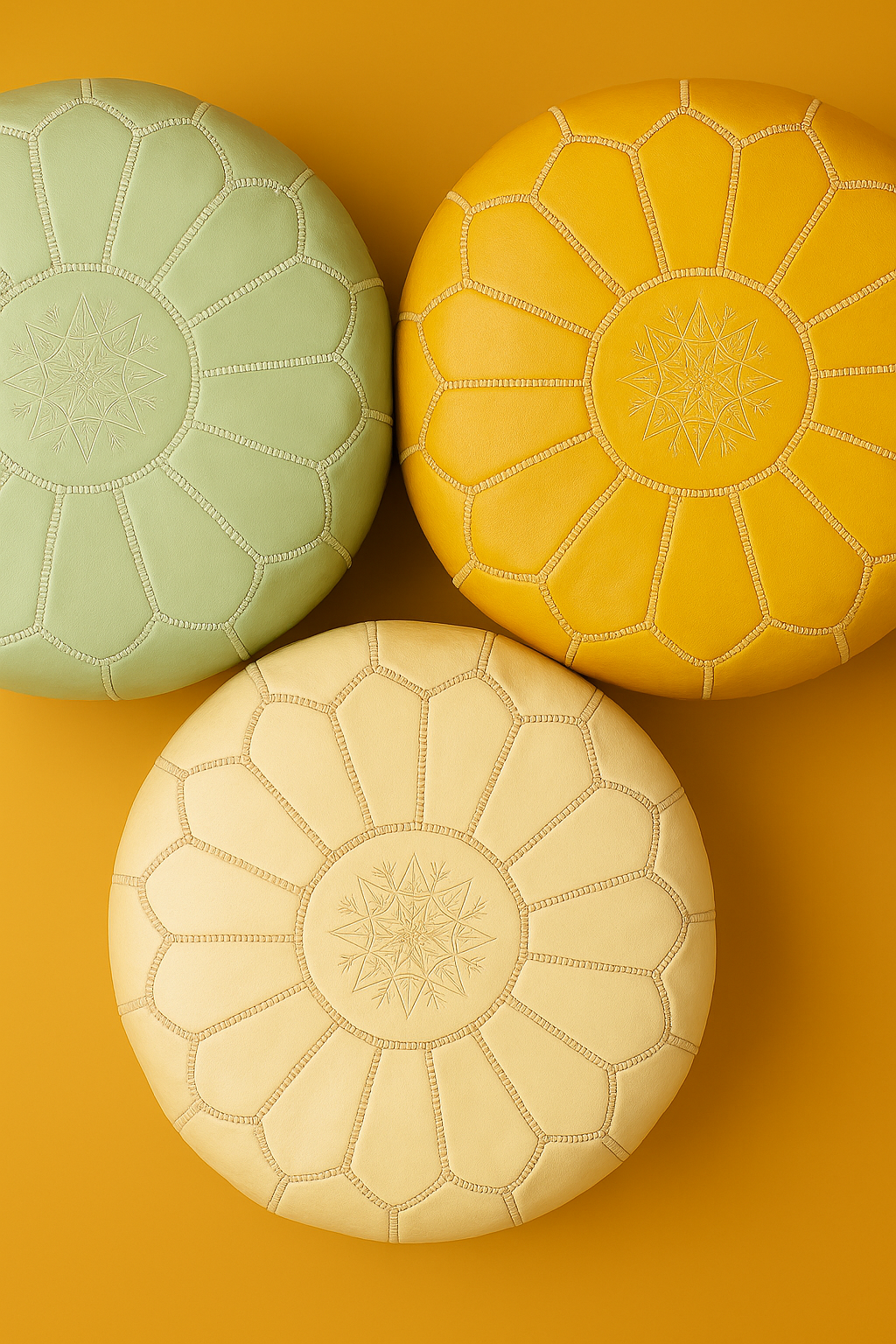 Handmade Moroccan Leather Pouf - Large Round Beige Ottoman, Embroidered Bohemian Floor Cushion, Genuine Leather Footstool.