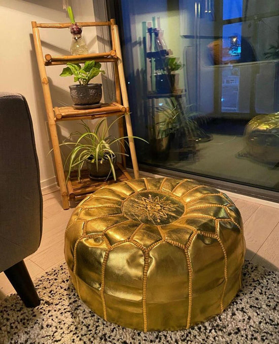 Gold Moroccan Leather Pouf – Handmade Boho Ottoman - ECOMOROCCO