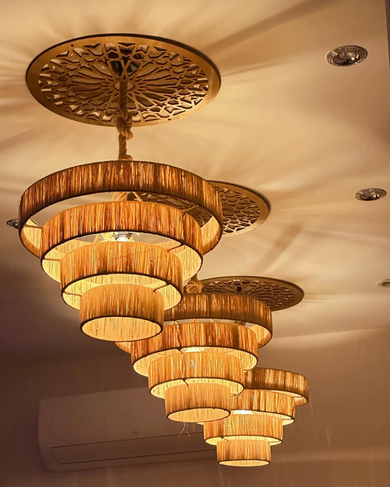 Moroccan Woven Rattan Pendant Lamp – 4-Tier Raffia Design for Ceilings - ECOMOROCCO