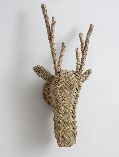 Animal Head Straw Trophies – Set of 3 | Handmade Boho Wall Décor