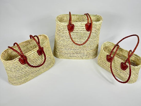 Moroccan Straw Basket Set  – Leather Handle French Market Bags - ECOMOROCCO