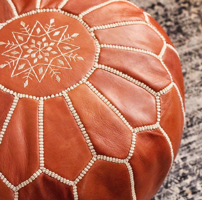 Authentic Large Leather Pouf – Moroccan Boho Style