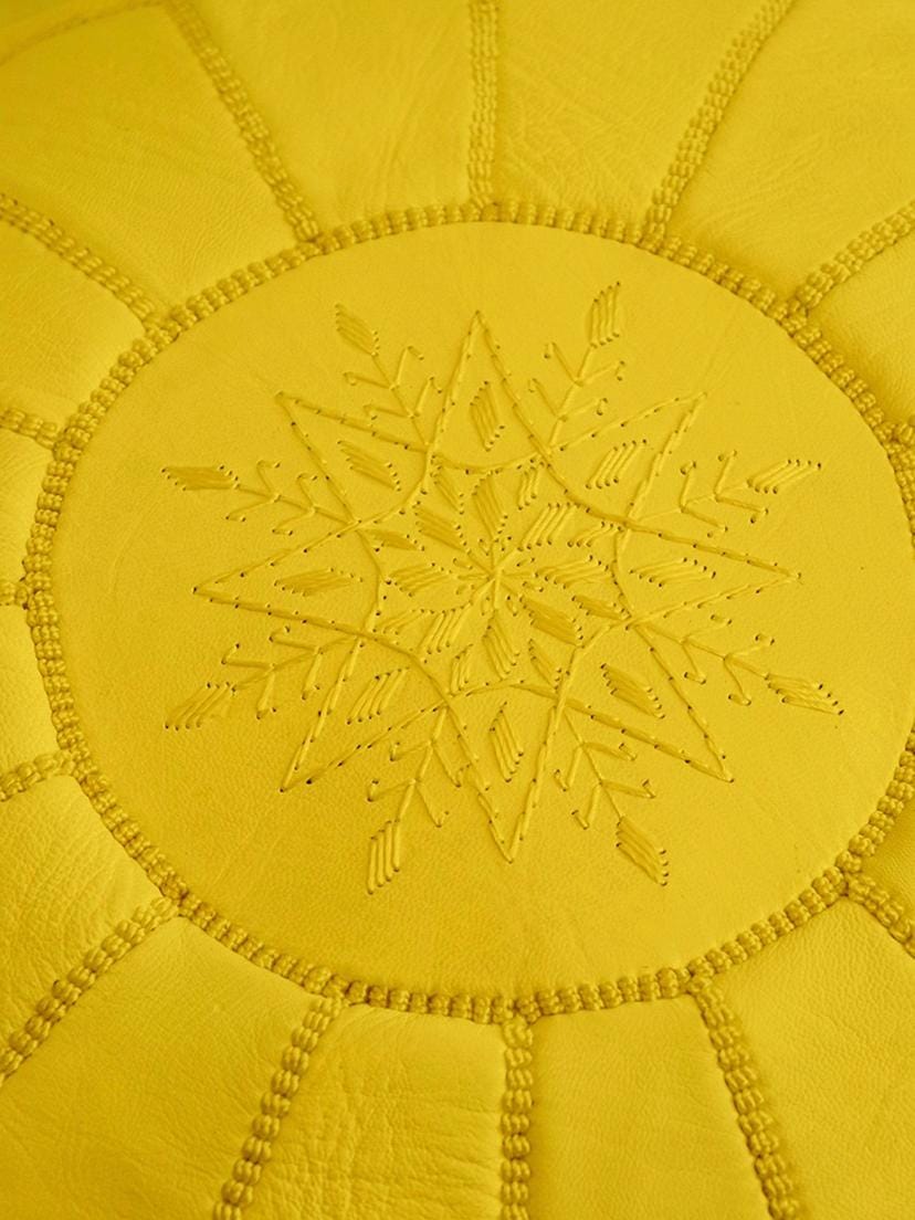 Handmade Moroccan Leather Pouf - Large Round Beige Ottoman, Embroidered Bohemian Floor Cushion, Genuine Leather Footstool.