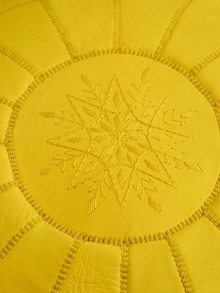 Handmade Moroccan Leather Pouf - Large Round Beige Ottoman, Embroidered Bohemian Floor Cushion, Genuine Leather Footstool.
