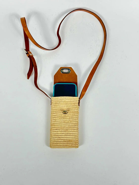 Raffia Crossbody Phone Bag  Handmade with Leather Strap - ECOMOROCCO